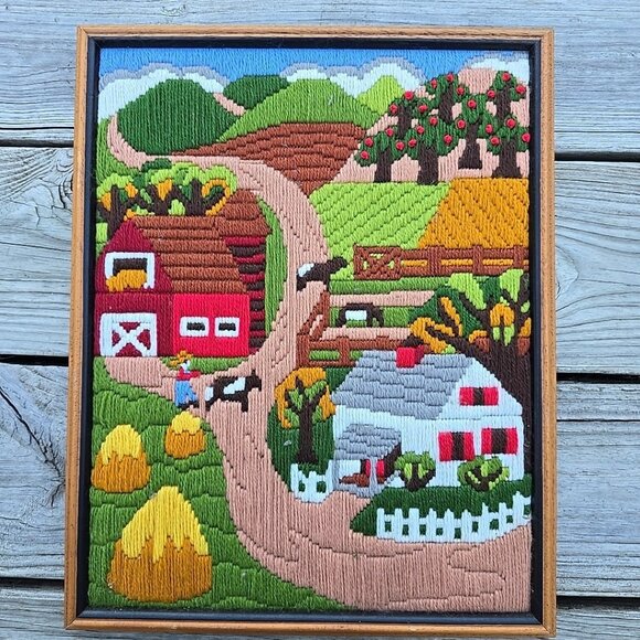 Crewel LongStitch Needlepoint Embroidery Art Farm Country Scene 12x15 Framed - Picture 2 of 8